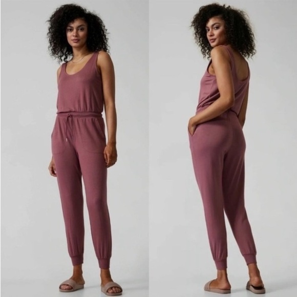 ATHLETA French Terry Balance Jumpsuit Tawny Rose Mauve Pink Color L Athleisure - Picture 16 of 16